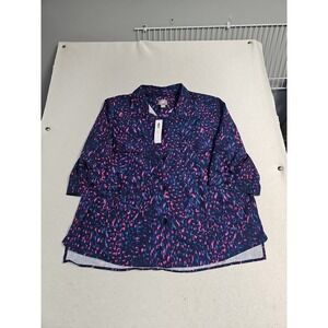 NEW Chicos Sz XL 3 Blue Pink 3/4 Sleeve Summer Button Up Shirt Top  Art To Wear